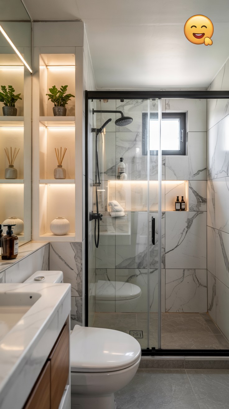 Small Luxury Bathroom Ideas with Walk-In Shower and Marble Tiles
