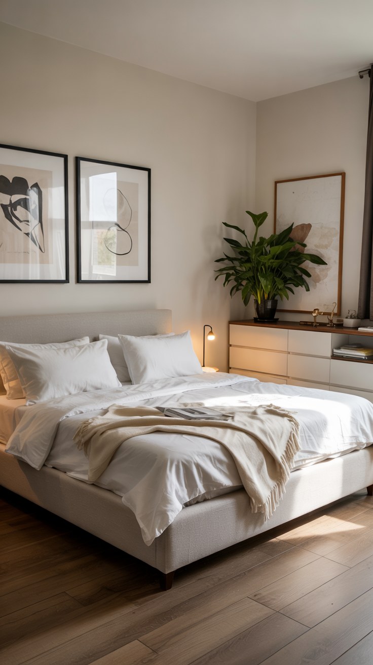 Minimalist Bedroom Ideas with Warm Lighting and Natural Plants