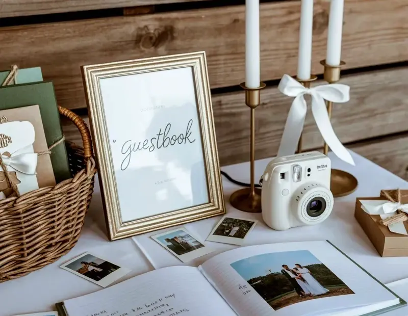 Wedding Guest Book Station Ideas with Polaroid Camera and Taper Candles