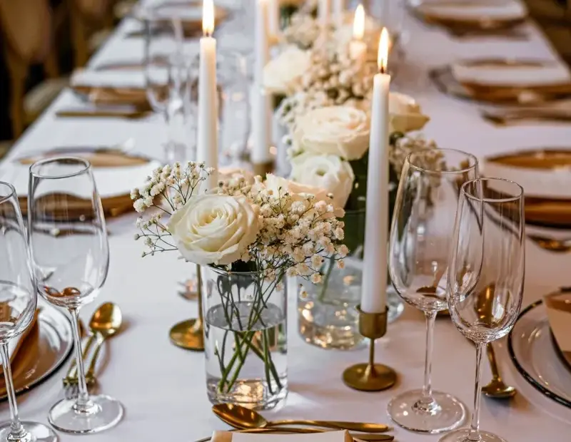 Wedding Table Setting with Gold Cutlery, White Roses & Tall Candles