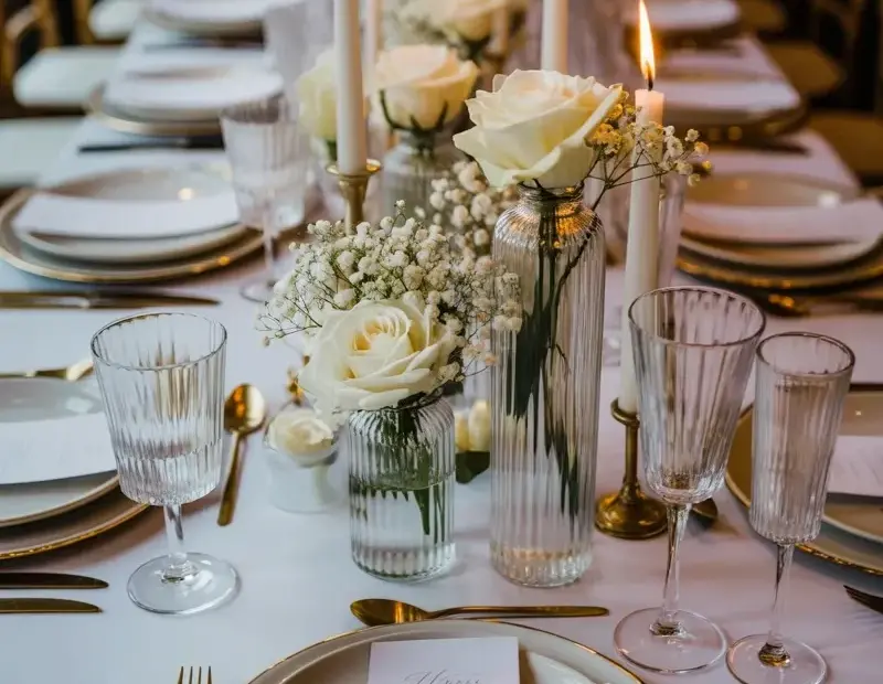 Wedding Reception Table Setting with Gold Cutlery and Tall Candle Centerpieces