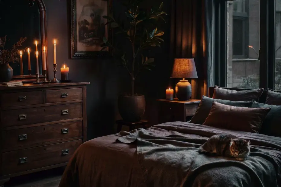 Cozy Bedroom Candlelight Ideas with Vintage Dresser & Hanging Lantern